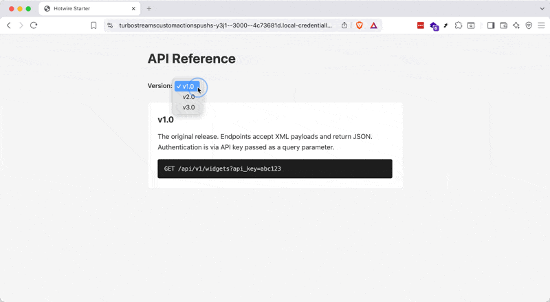 Version selector switching content, URL updating, browser Back and Forward restoring previous versions, and refresh loading the correct version
