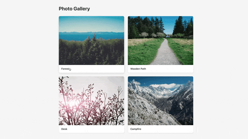 Gallery grid where clicking a thumbnail morphs it into the hero image on the detail page, and browser back reverses the animation